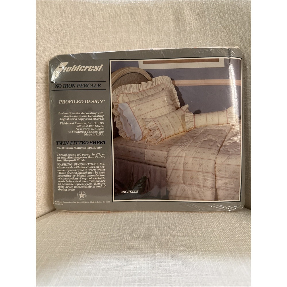 VTG Fieldcrest No-iron Percale TWIN Fitted Sheet Peach Michelle Cottage Core NOS